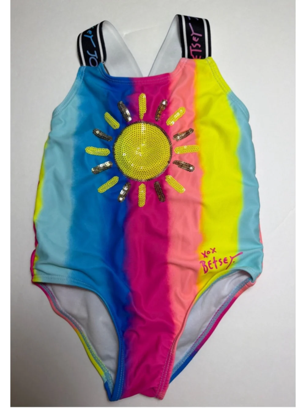 Girls Betsey Johnson One Piece Tank Swimsuit Size 4 Tie-Dye Rainbow Sequin Sun